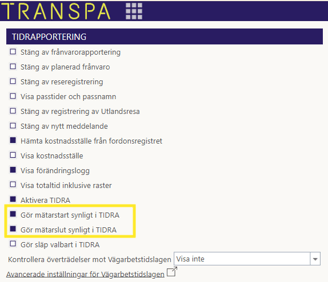 Inställnignar mätarstart-slut